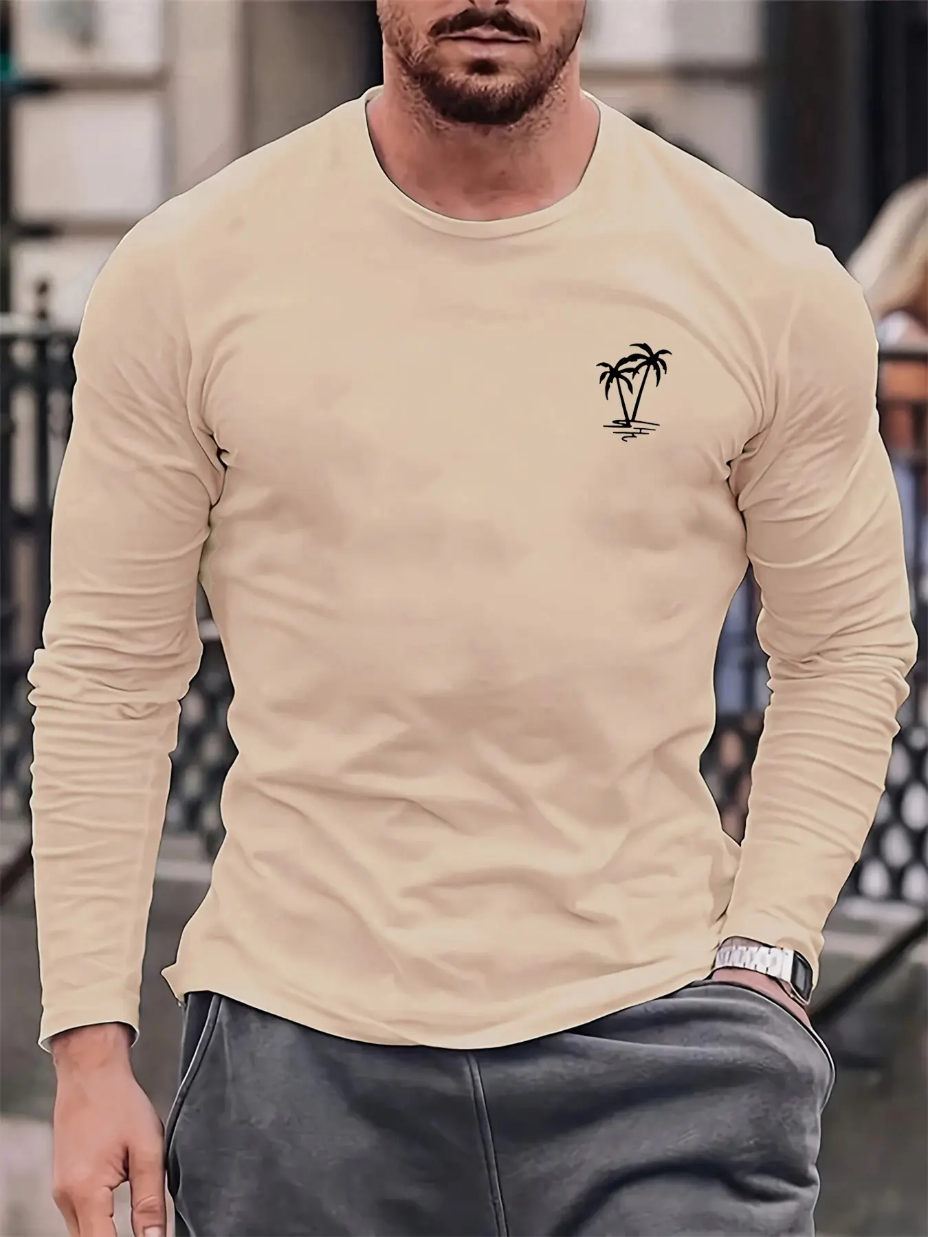 Men's Spring and Autumn 100% Cotton Comfortable Casual Coconut Tree Pattern Printed Round Neck Long Sleeve T-shirt Top