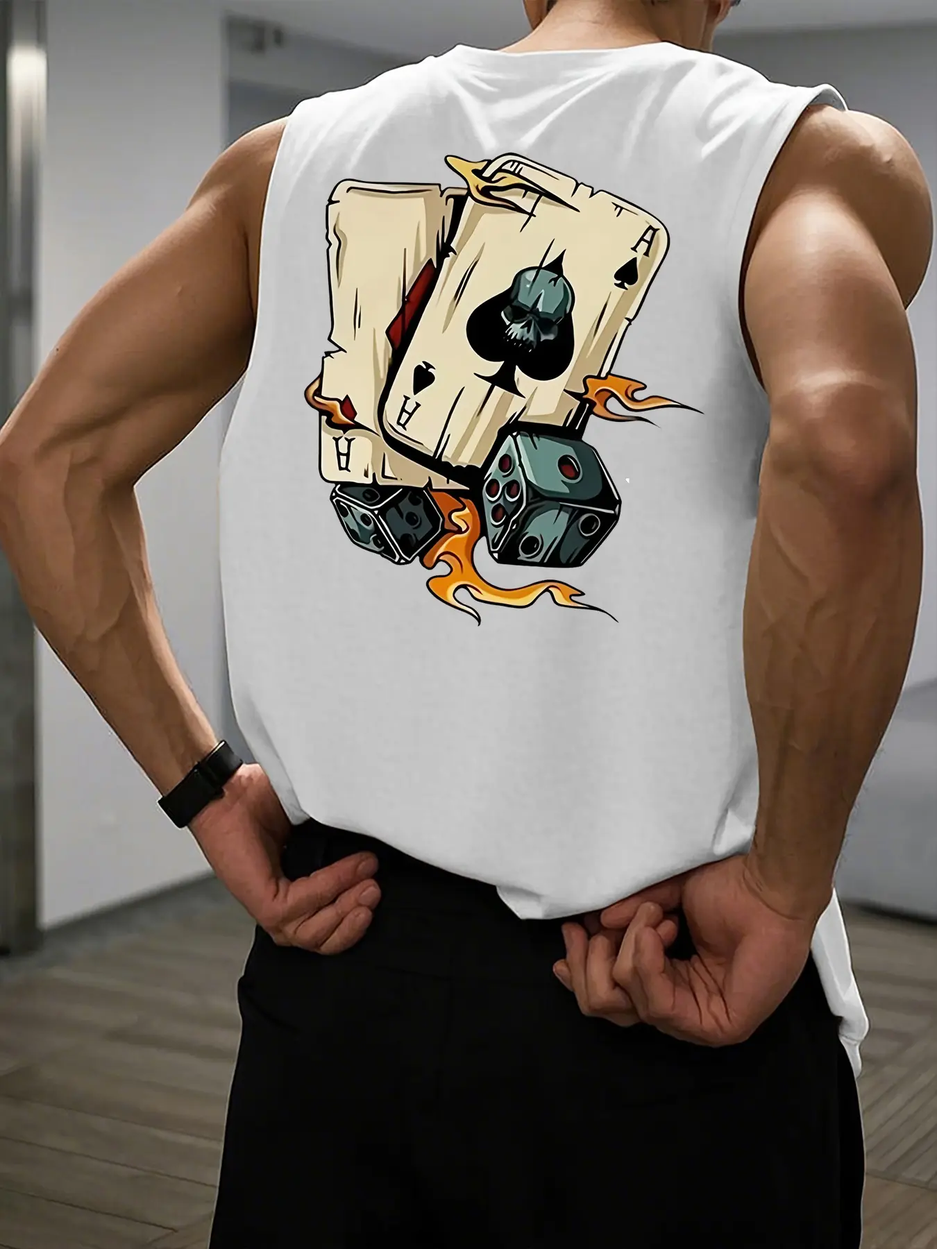 Men's Summer Leisure Sports Fitness Loose Dice and Poker Printed Comfortable Breathable Round Neck Sleeveless Tank Top