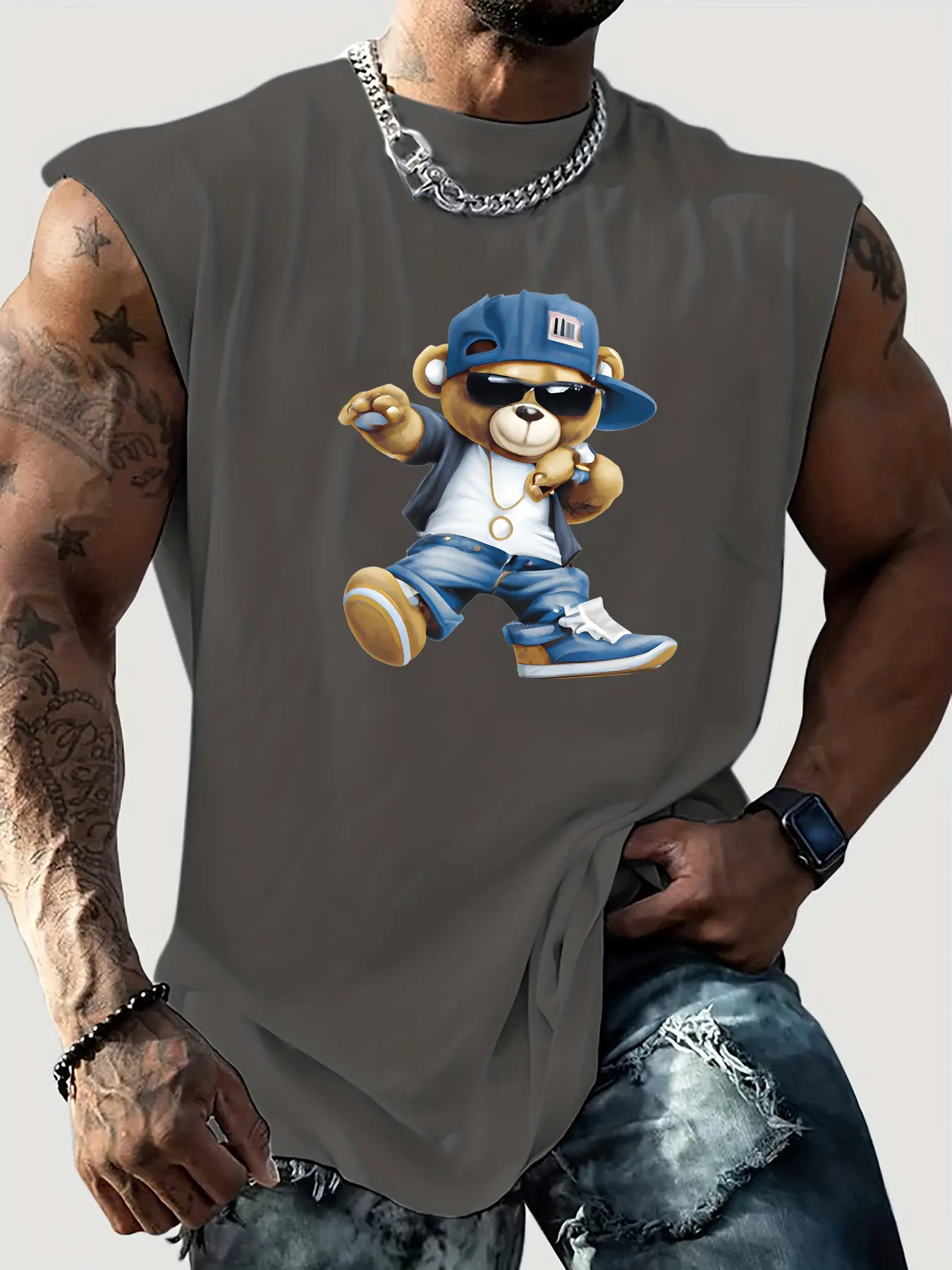 Men's Summer Leisure Sports Fitness Loose Cartoon Cool Bear Printed Comfortable Breathable Round Neck Sleeveless Tank Top