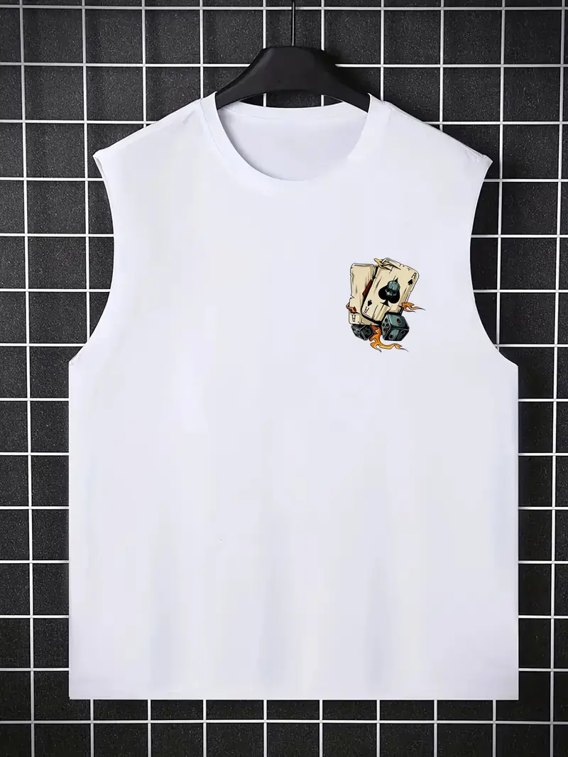 Men's Summer Leisure Sports Fitness Loose Dice and Poker Printed Comfortable Breathable Round Neck Sleeveless Tank Top