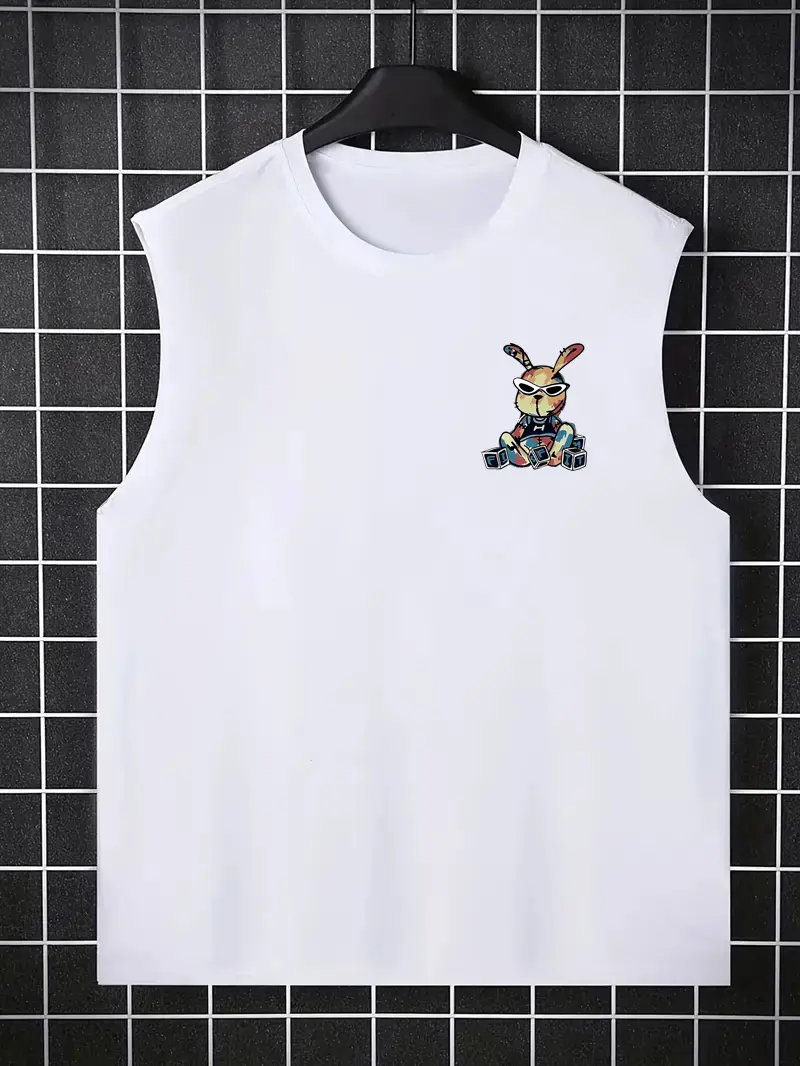 Men's Summer Leisure Sports Fitness Loose Cartoon Rabbit Pattern Printed Comfortable and Breathable Round Neck Sleeveless Tank