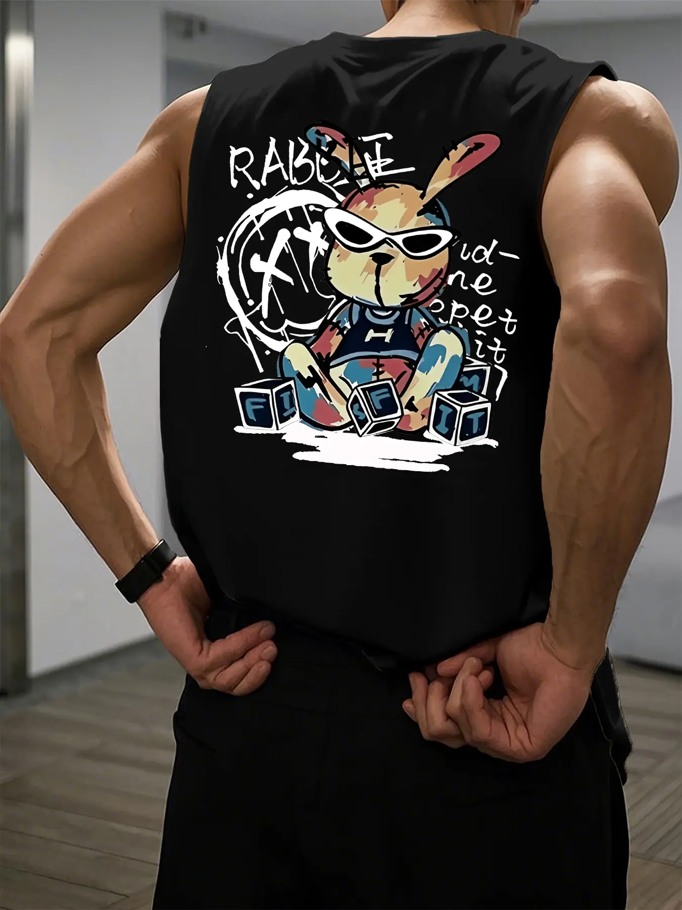 Men's Summer Leisure Sports Fitness Loose Cartoon Rabbit Pattern Printed Comfortable and Breathable Round Neck Sleeveless Tank