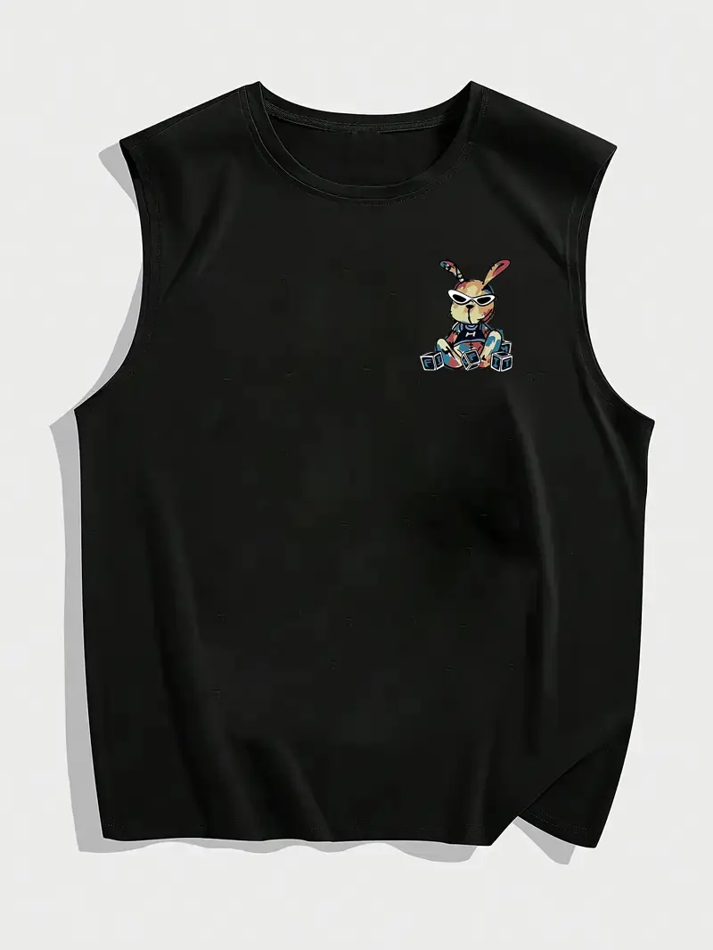 Men's Summer Leisure Sports Fitness Loose Cartoon Rabbit Pattern Printed Comfortable and Breathable Round Neck Sleeveless Tank