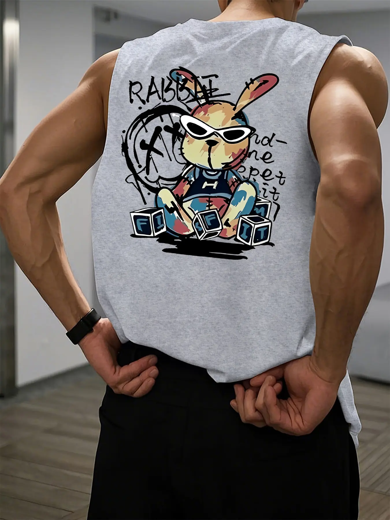 Men's Summer Leisure Sports Fitness Loose Cartoon Rabbit Pattern Printed Comfortable and Breathable Round Neck Sleeveless Tank