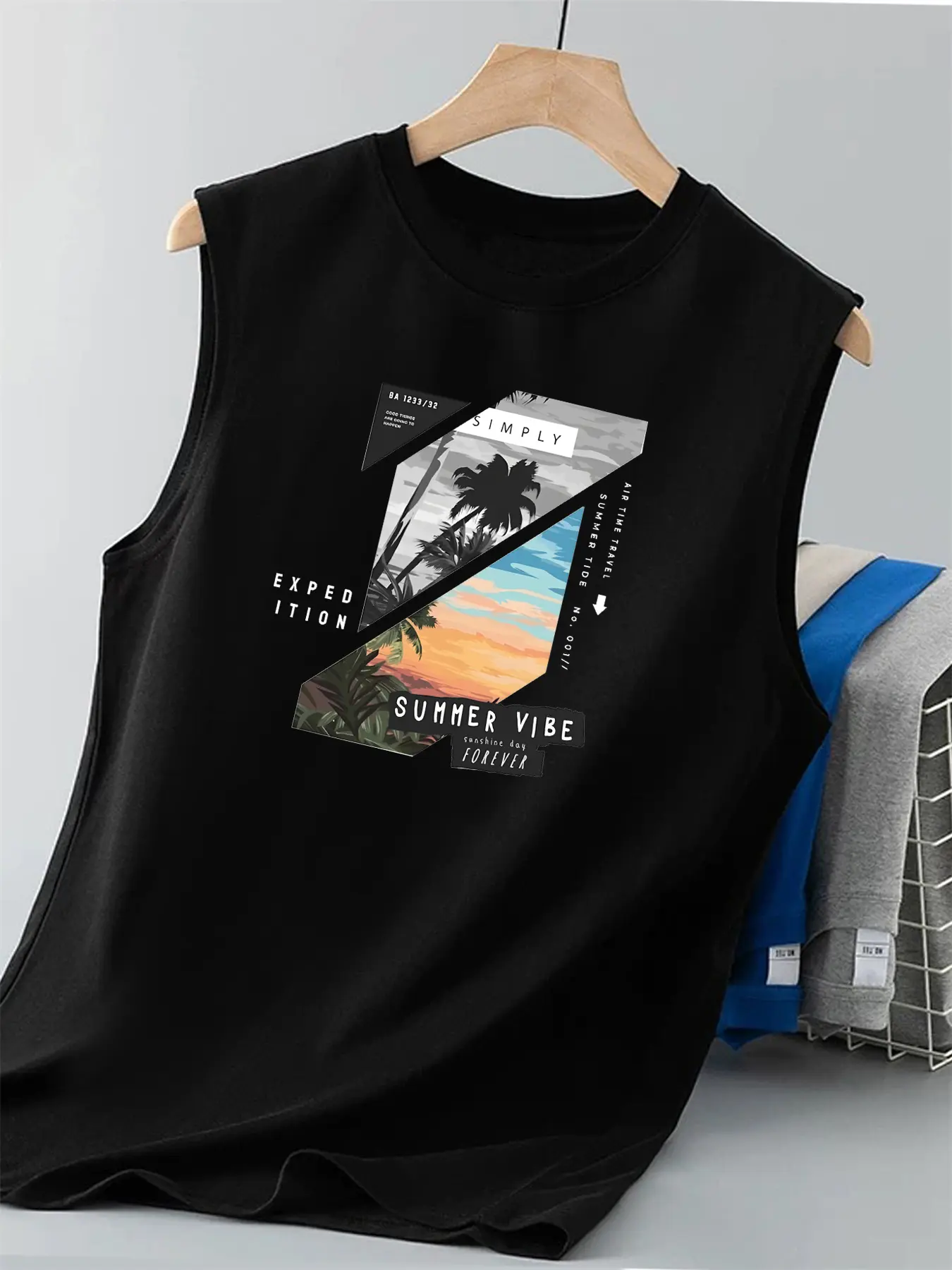Men's Summer Leisure Sports Fitness Loose Beach Coconut Tree Pattern Printed Comfortable Breathable Round Neck Sleeveless Tank T