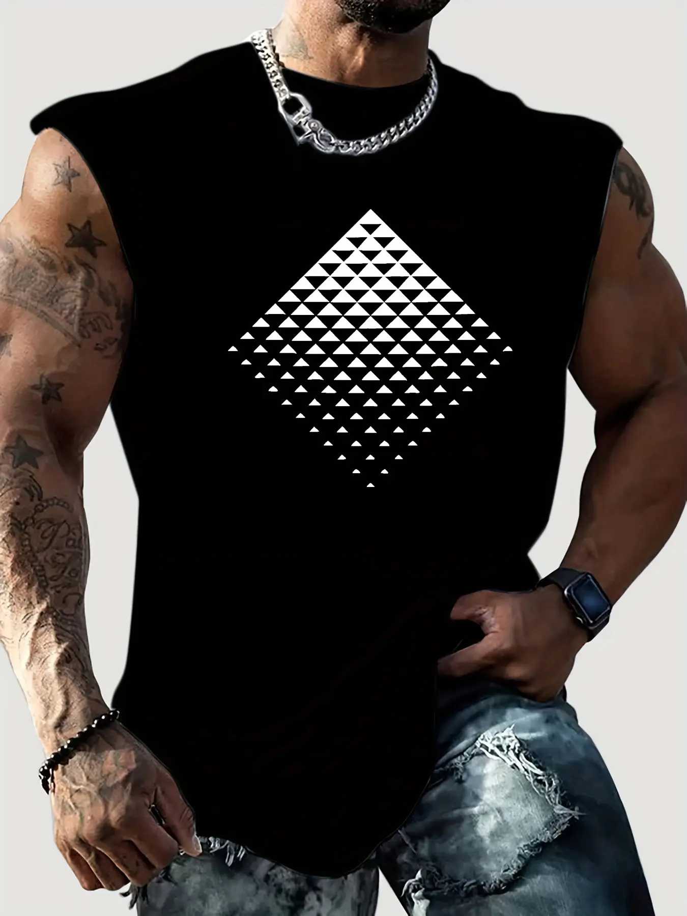 Men's Summer Leisure Sports Fitness Loose Creative Diamond Pattern Printed Comfortable Breathable Round Neck Sleeveless Tank Top