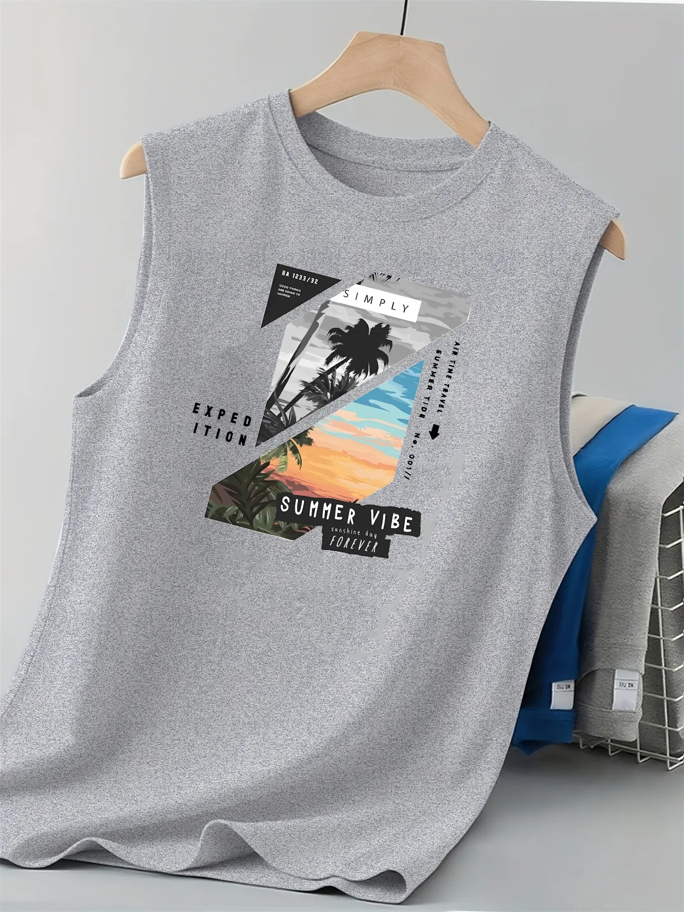 Men's Summer Leisure Sports Fitness Loose Beach Coconut Tree Pattern Printed Comfortable Breathable Round Neck Sleeveless Tank T