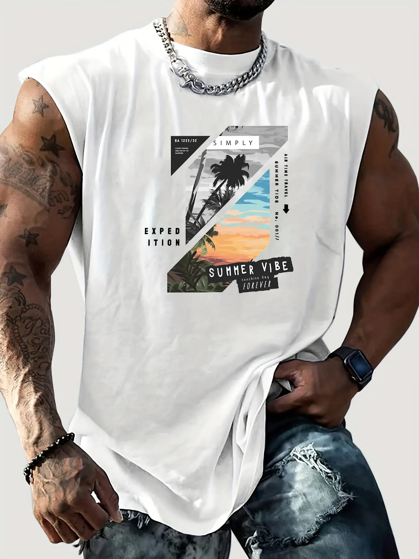 Men's Summer Leisure Sports Fitness Loose Beach Coconut Tree Pattern Printed Comfortable Breathable Round Neck Sleeveless Tank