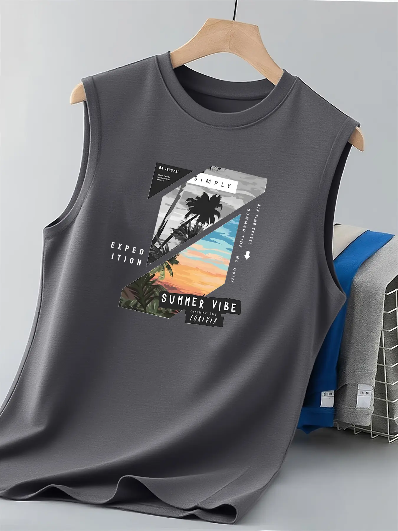 Men's Summer Leisure Sports Fitness Loose Beach Coconut Tree Pattern Printed Comfortable Breathable Round Neck Sleeveless Tank T