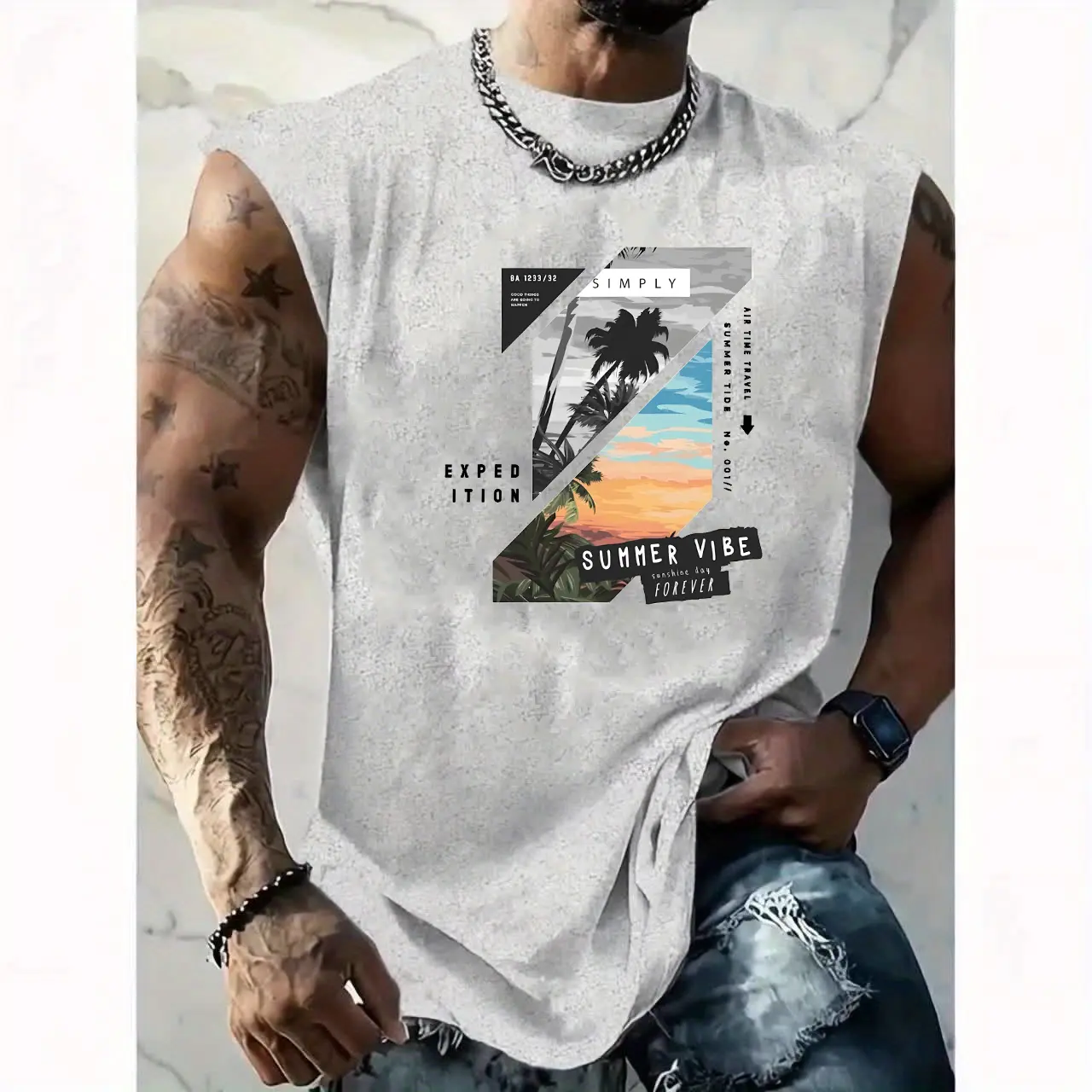 Men's Summer Leisure Sports Fitness Loose Beach Coconut Tree Pattern Printed Comfortable Breathable Round Neck Sleeveless Tank