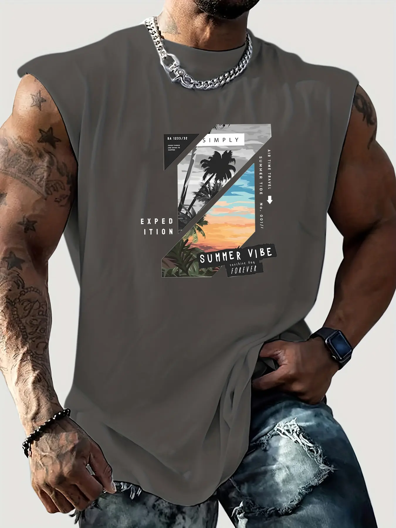 Men's Summer Leisure Sports Fitness Loose Beach Coconut Tree Pattern Printed Comfortable Breathable Round Neck Sleeveless Tank