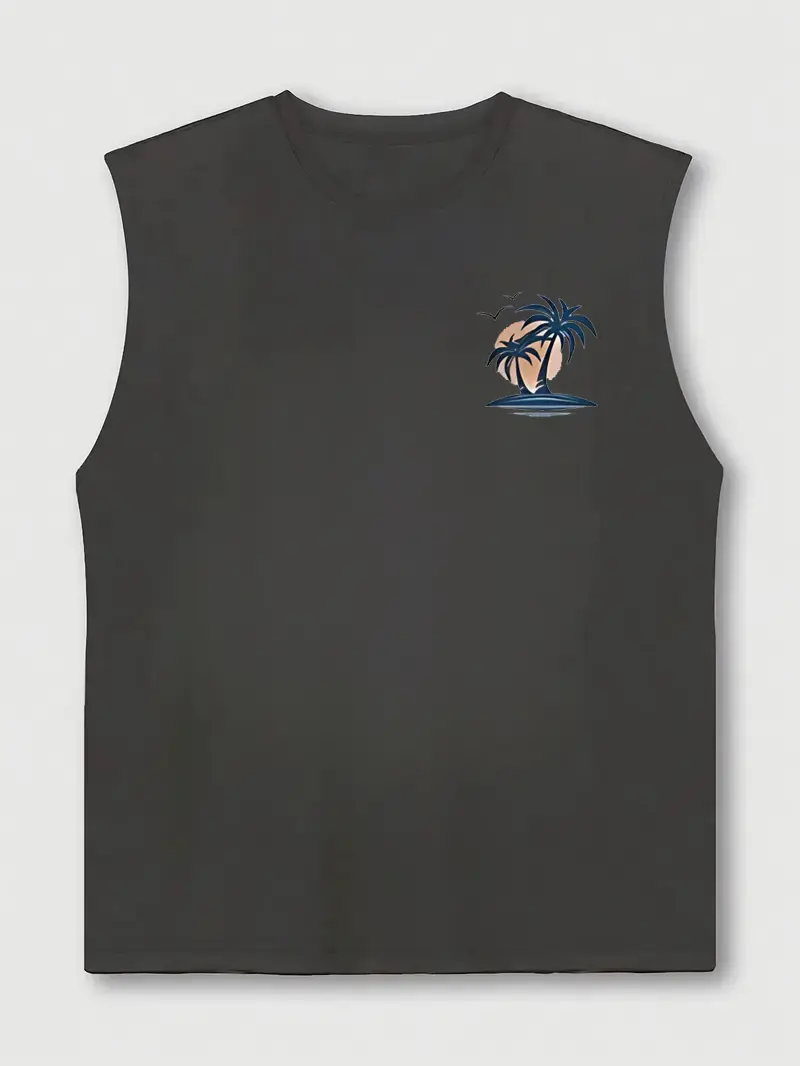 Men's Summer Leisure Sports Fitness Loose Coconut Tree and Surfboard Printed Comfortable Breathable Round Neck Sleeveless Tank