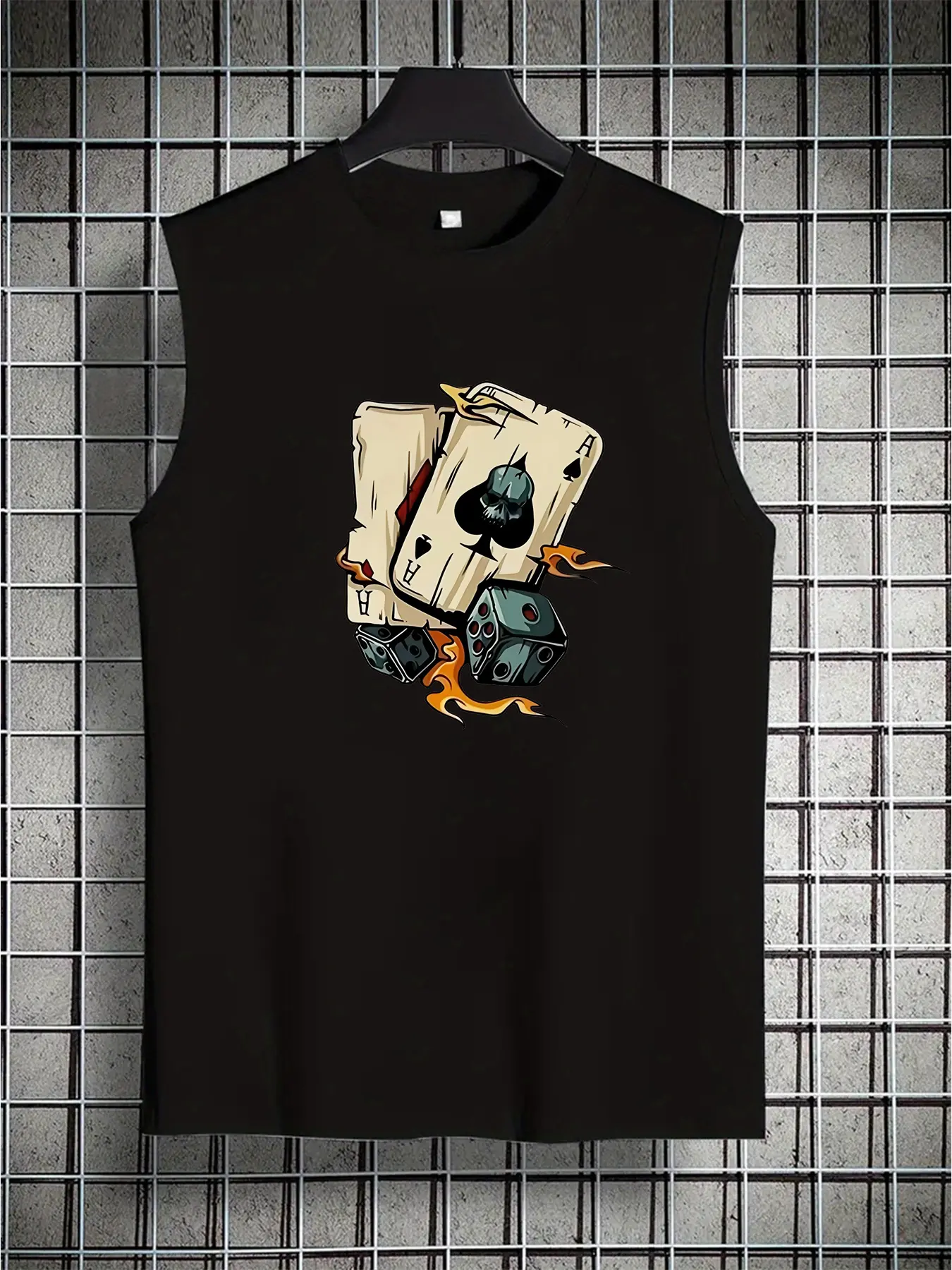 Men's Summer Leisure Sports Fitness Loose Dice and Poker Printed Comfortable Breathable Round Neck Sleeveless Tank Top