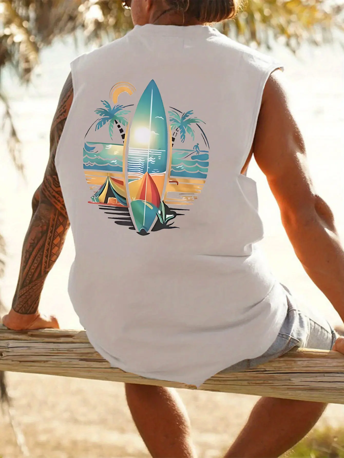 Men's Summer Leisure Sports Fitness Loose Coconut Tree and Surfboard Printed Comfortable Breathable Round Neck Sleeveless Tank