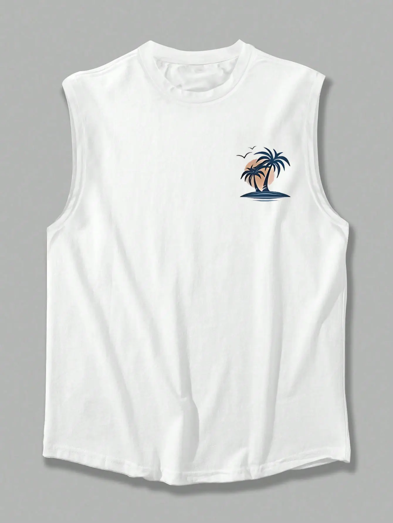 Men's Summer Leisure Sports Fitness Loose Coconut Tree and Surfboard Printed Comfortable Breathable Round Neck Sleeveless Tank