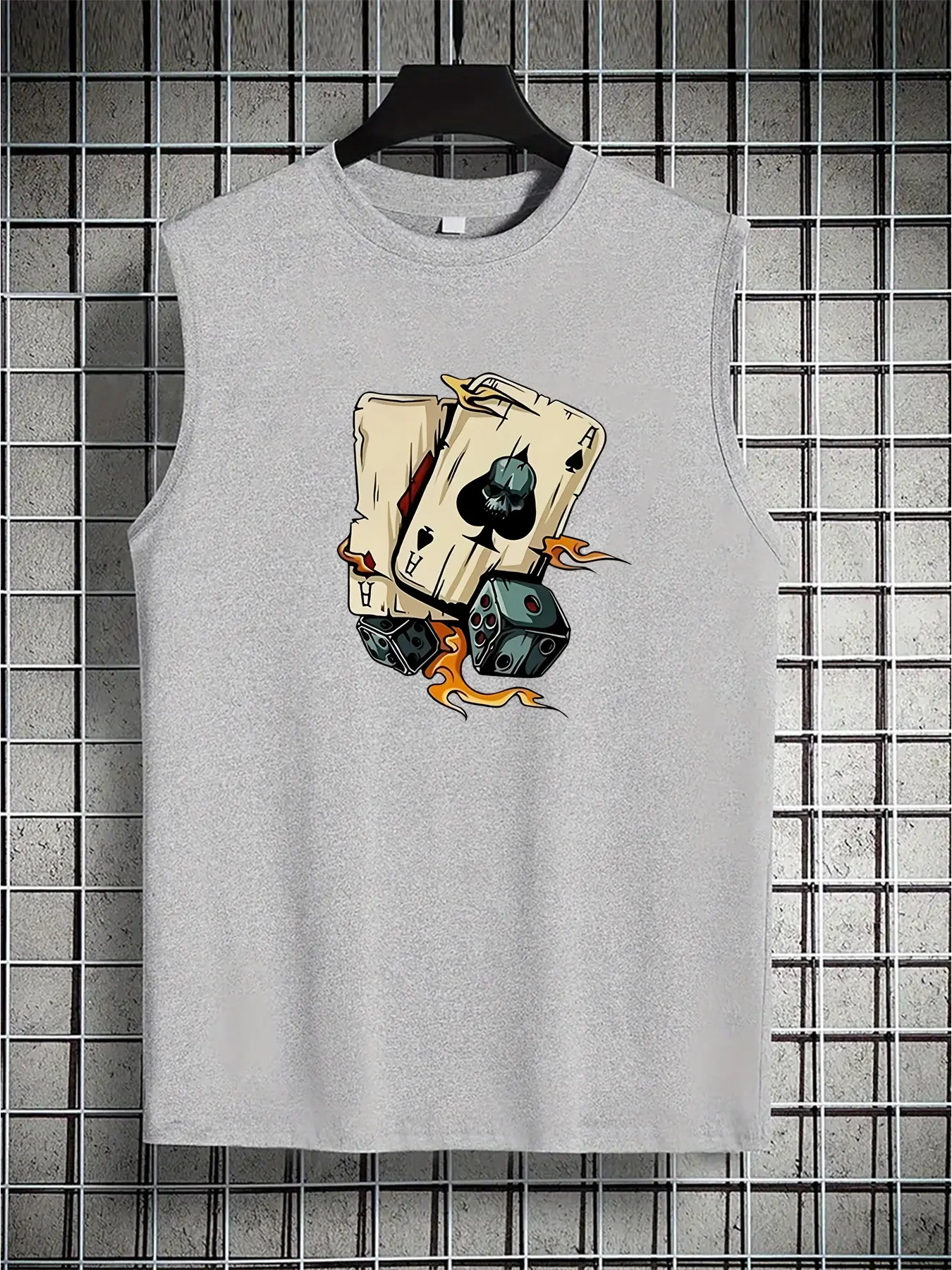 Men's Summer Leisure Sports Fitness Loose Dice and Poker Printed Comfortable Breathable Round Neck Sleeveless Tank Top