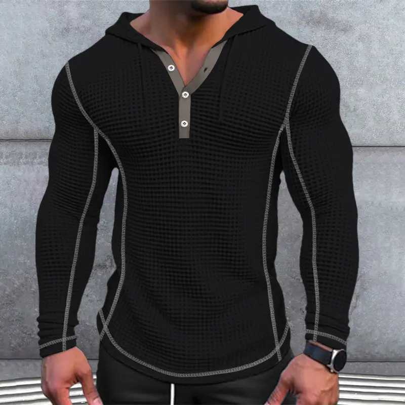 New Men's Waffle Hoodie Solid Henley Street Vacation Outdoor Sports Long Sleeve Splicing Loose Large Hoodie