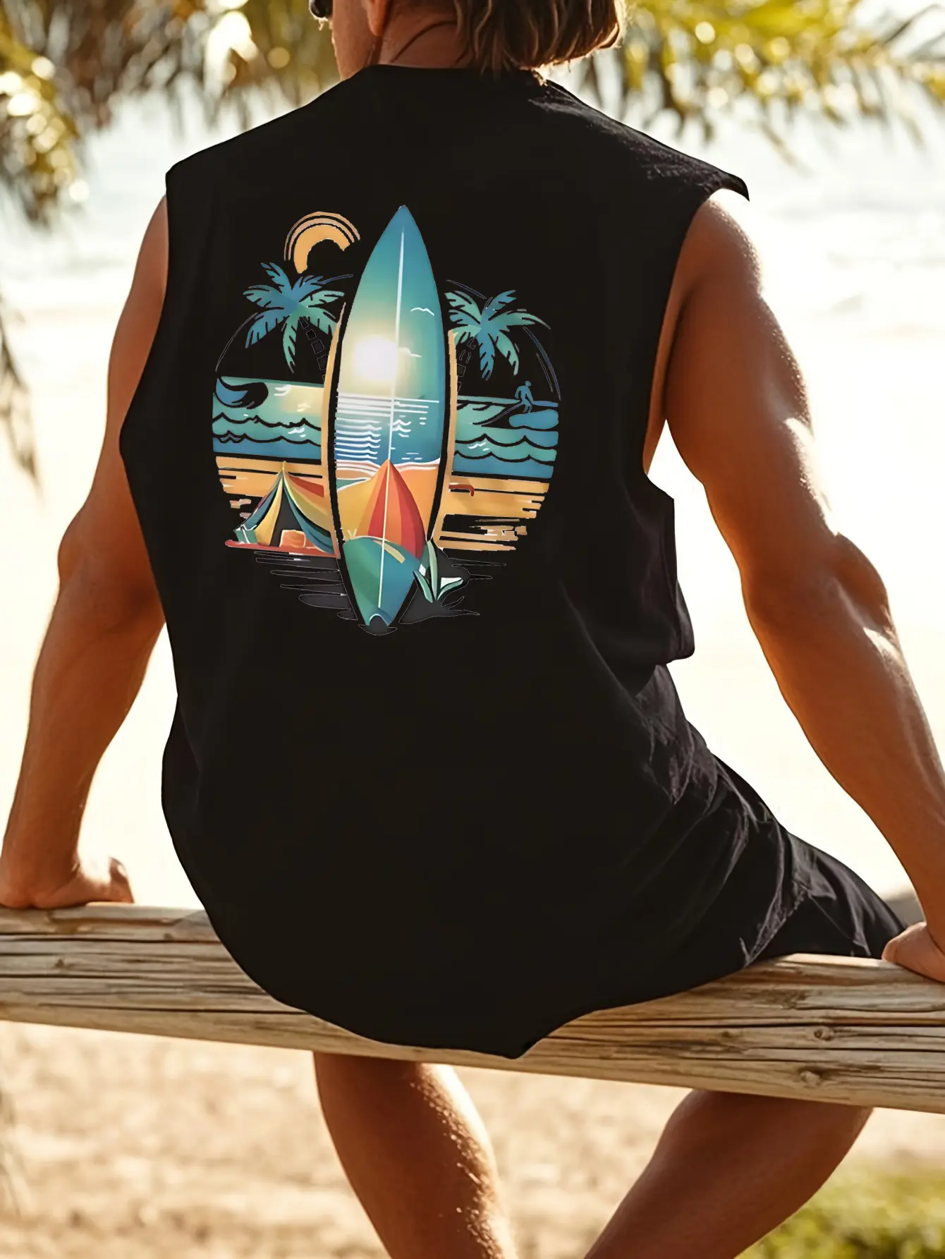 Men's Summer Leisure Sports Fitness Loose Coconut Tree and Surfboard Printed Comfortable Breathable Round Neck Sleeveless Tank