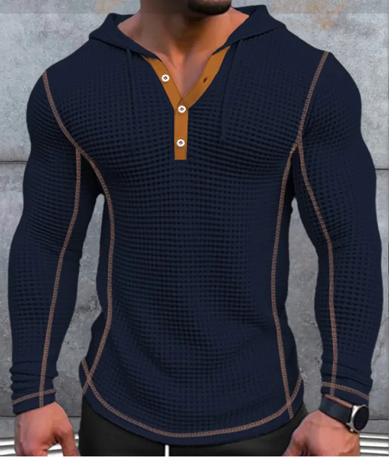 New Men's Waffle Hoodie Solid Henley Street Vacation Outdoor Sports Long Sleeve Splicing Loose Large Hoodie