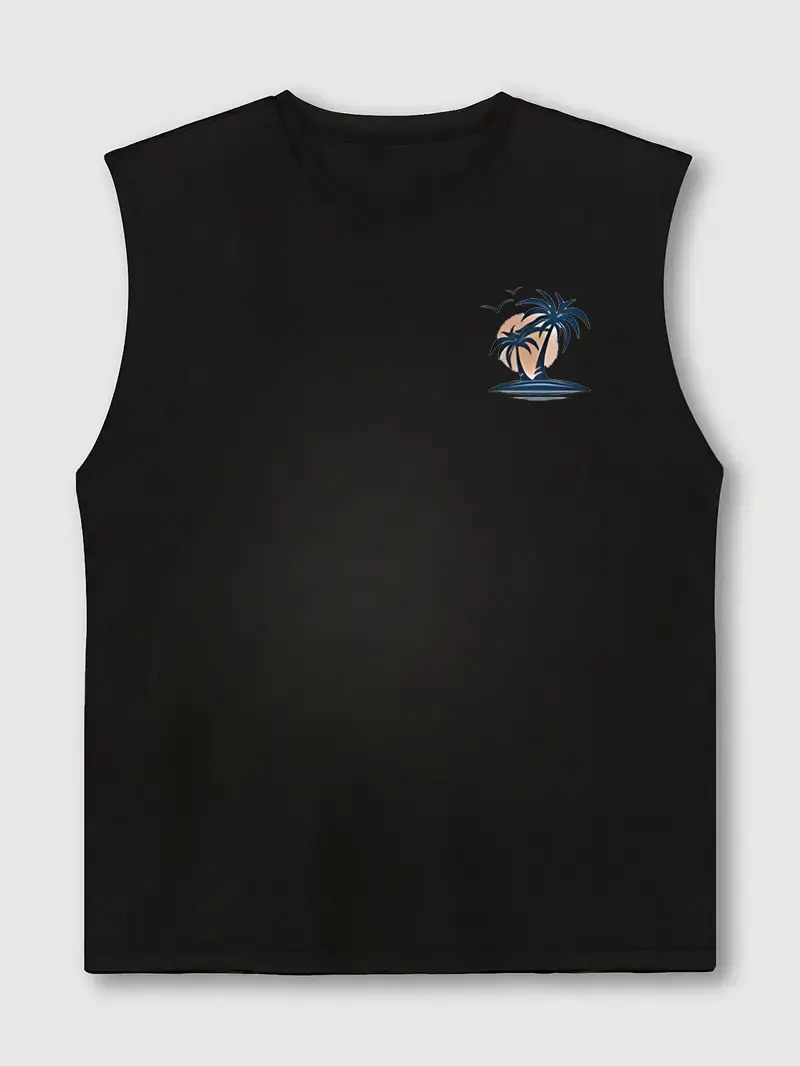 Men's Summer Leisure Sports Fitness Loose Coconut Tree and Surfboard Printed Comfortable Breathable Round Neck Sleeveless Tank