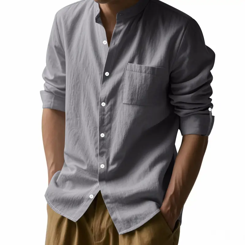 2025 New Men's Linen Stand Up Collar Shirt Fashion New Chinese Long Sleeve Top Breathable Loose Casual Versatile Shirt