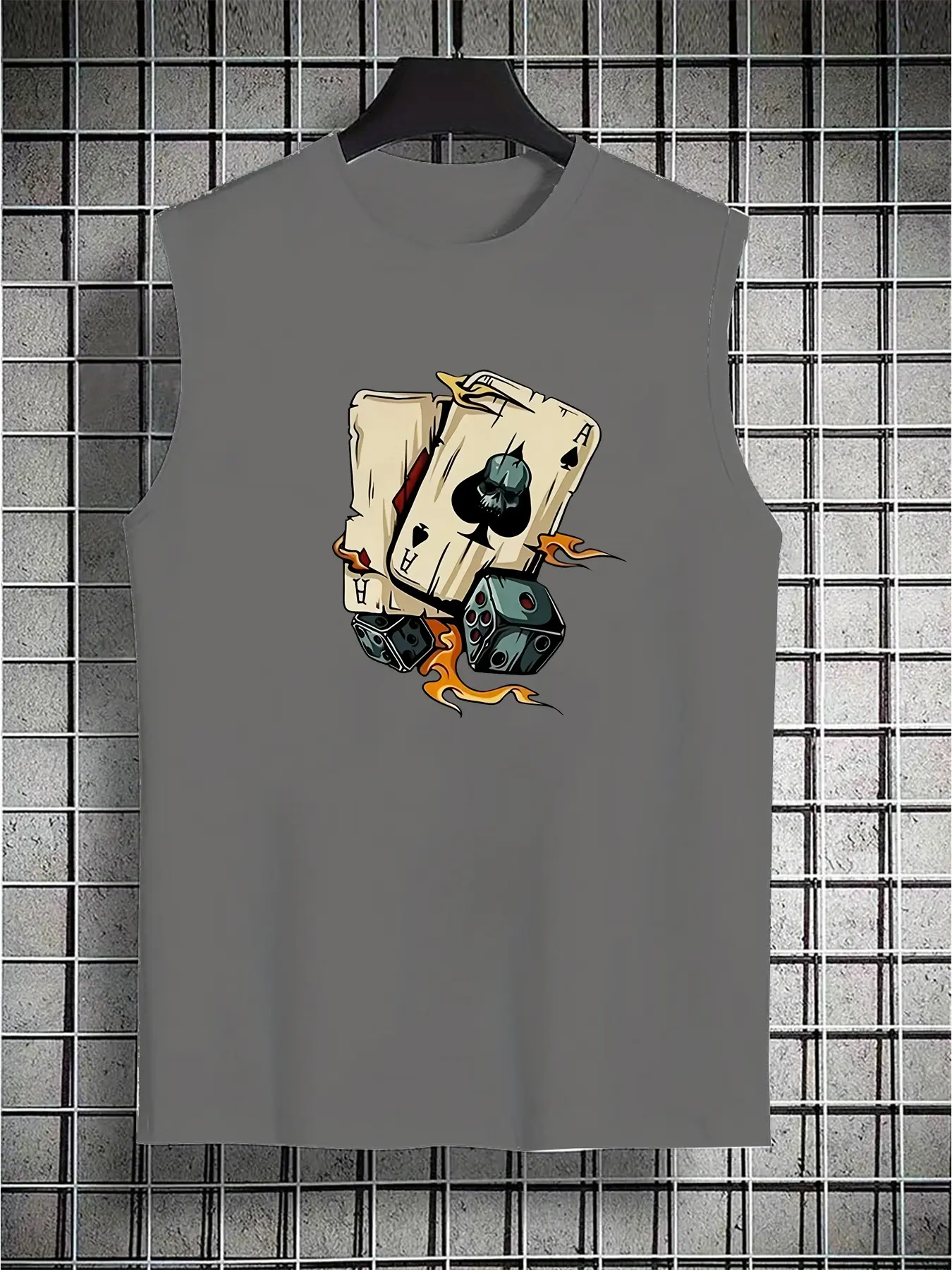Men's Summer Leisure Sports Fitness Loose Dice and Poker Printed Comfortable Breathable Round Neck Sleeveless Tank Top