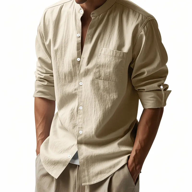 2025 New Men's Linen Stand Up Collar Shirt Fashion New Chinese Long Sleeve Top Breathable Loose Casual Versatile Shirt