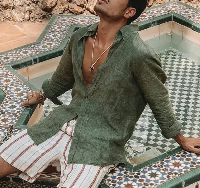 Men's Long Sleeve Shirt Reverse Cardigan Beach Solid Color Casual Suitable for Outdoor Activities Fashionable and Versatile