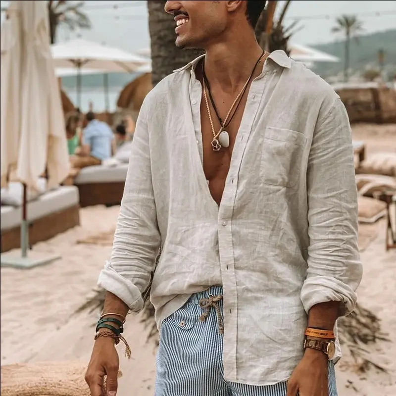 Men's Long Sleeve Shirt Reverse Cardigan Beach Solid Color Casual Suitable for Outdoor Activities Fashionable and Versatile