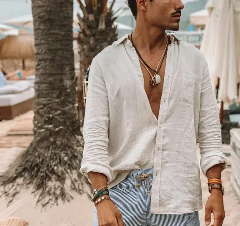 Men's Long Sleeve Shirt Reverse Cardigan Beach Solid Color Casual Suitable for Outdoor Activities Fashionable and Versatile