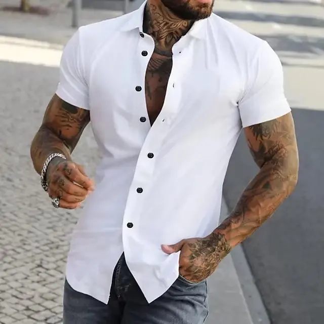 2025 Summer Men's Casual Shirt Short Sleeve Slim Fit Solid Color Breathable Outdoor Sports Shirts Trendy Streetwear Tops