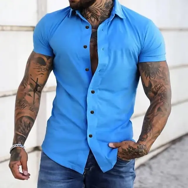 2025 Summer Men's Casual Shirt Short Sleeve Slim Fit Solid Color Breathable Outdoor Sports Shirts Trendy Streetwear Tops
