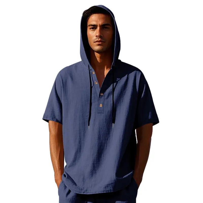 2025 Summer Men's Linen Henry Hooded Shirt Casual Beach Hooded Shirt Breathable Button Top Fashionable Streetwear