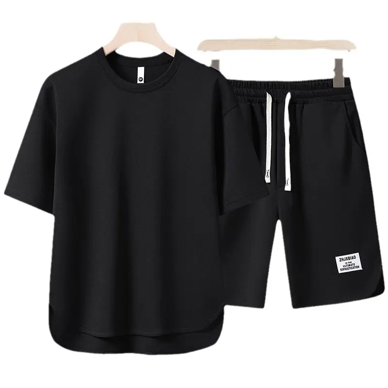 2025 Summer Men's Ice Silk Cool Short Sleeve T-shirt Set High End Leisure and Sports Two Piece Set, Breathable and Quick Drying