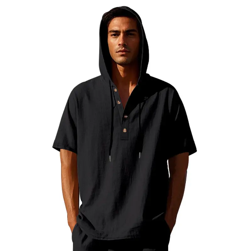 2025 Summer Men's Linen Henry Hooded Shirt Casual Beach Hooded Shirt Breathable Button Top Fashionable Streetwear