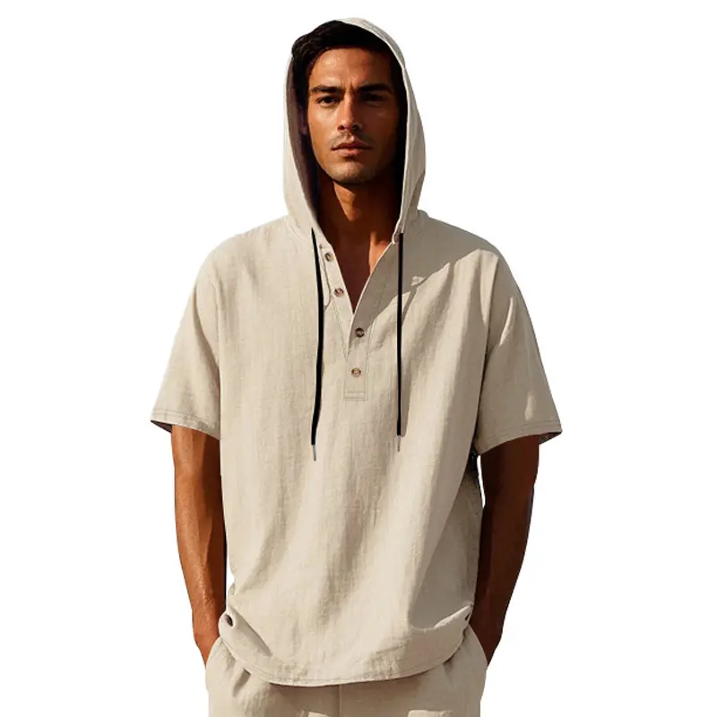 2025 Summer Men's Linen Henry Hooded Shirt Casual Beach Hooded Shirt Breathable Button Top Fashionable Streetwear