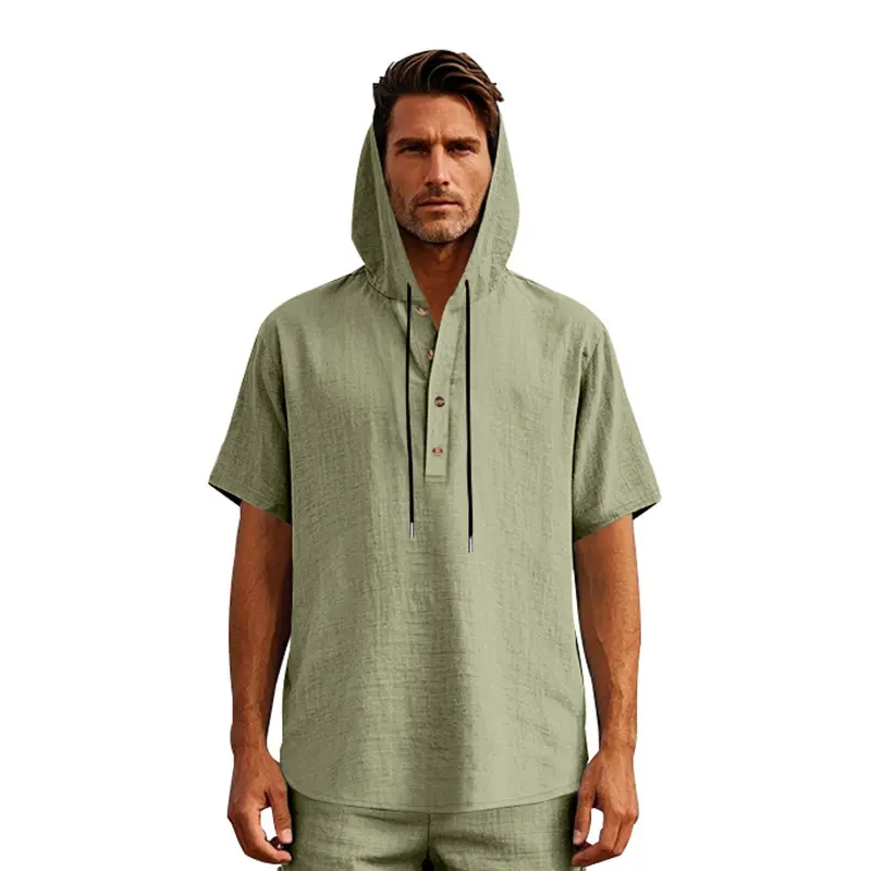 2025 Summer Men's Linen Henry Hooded Shirt Casual Beach Hooded Shirt Breathable Button Top Fashionable Streetwear