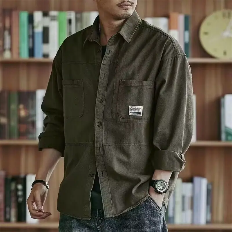 Functional Multi Pocket Washed and Worn Men's Workwear Shirt, Stylish Hong Kong Style, Spring and Autumn Loose and Trendy Shirt