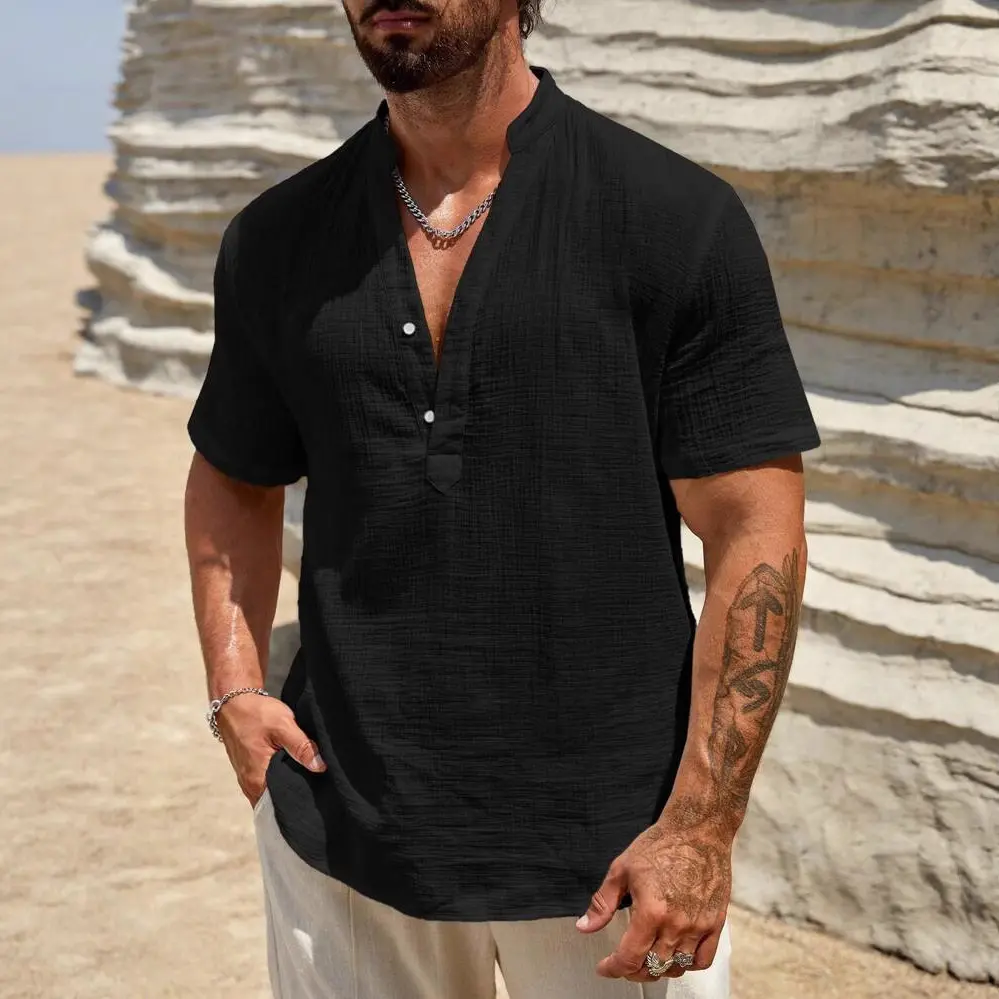 New Men's Solid Color Stand Up Collar Short Sleeved Shirt Fashionable Breathable Single layer Business Casual Short Sleeved shir