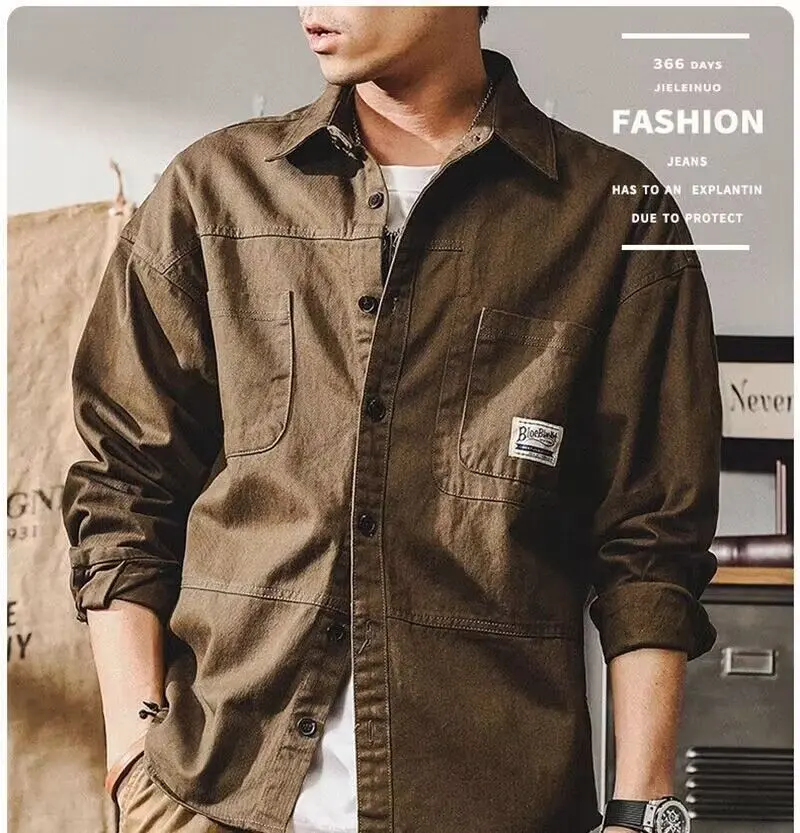 Functional Multi Pocket Washed and Worn Men's Workwear Shirt, Stylish Hong Kong Style, Spring and Autumn Loose and Trendy Shirt