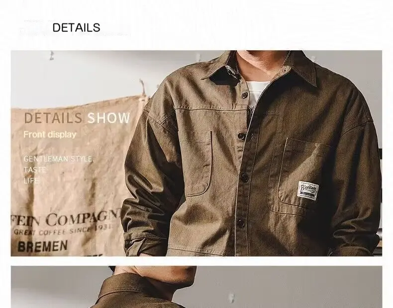 Functional Multi Pocket Washed and Worn Men's Workwear Shirt, Stylish Hong Kong Style, Spring and Autumn Loose and Trendy Shirt