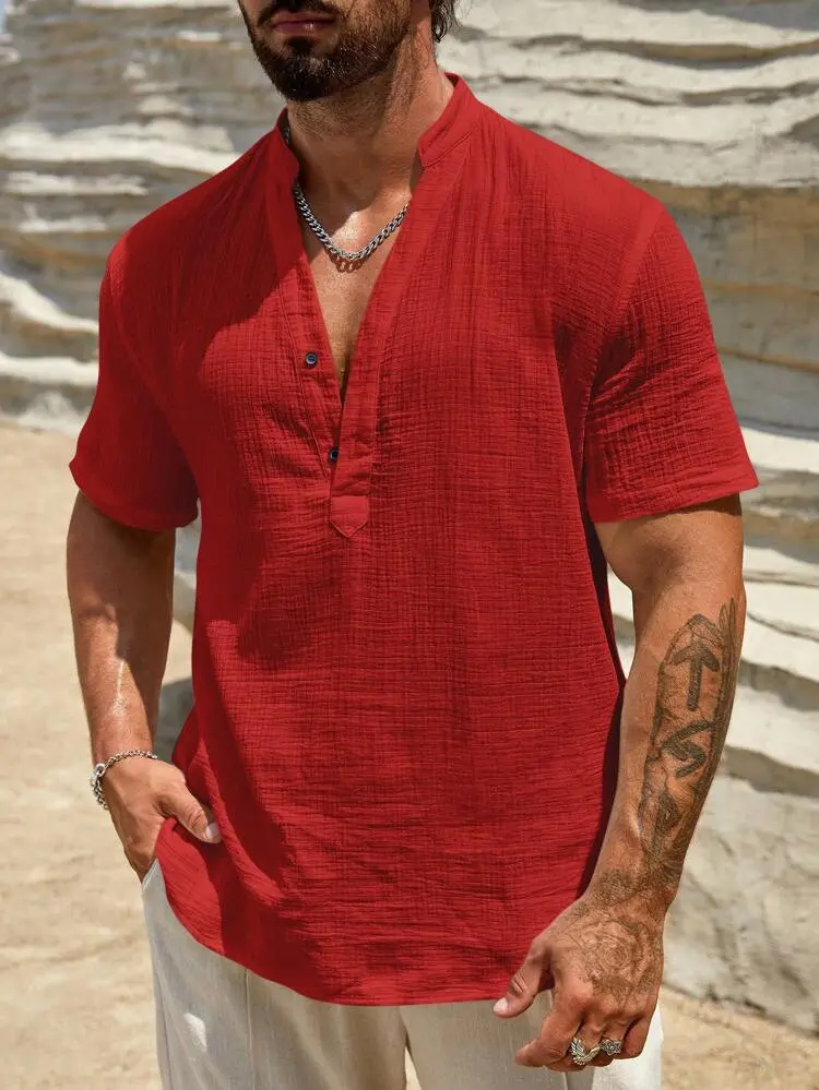 New Men's Solid Color Stand Up Collar Short Sleeved Shirt Fashionable Breathable Single layer Business Casual Short Sleeved shir