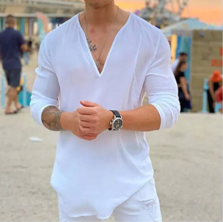 Men's Cotton and Linen V-neck Long Sleeved Shirt Breathable Casual Business Simple Solid Color T-shirt 2025 New Style