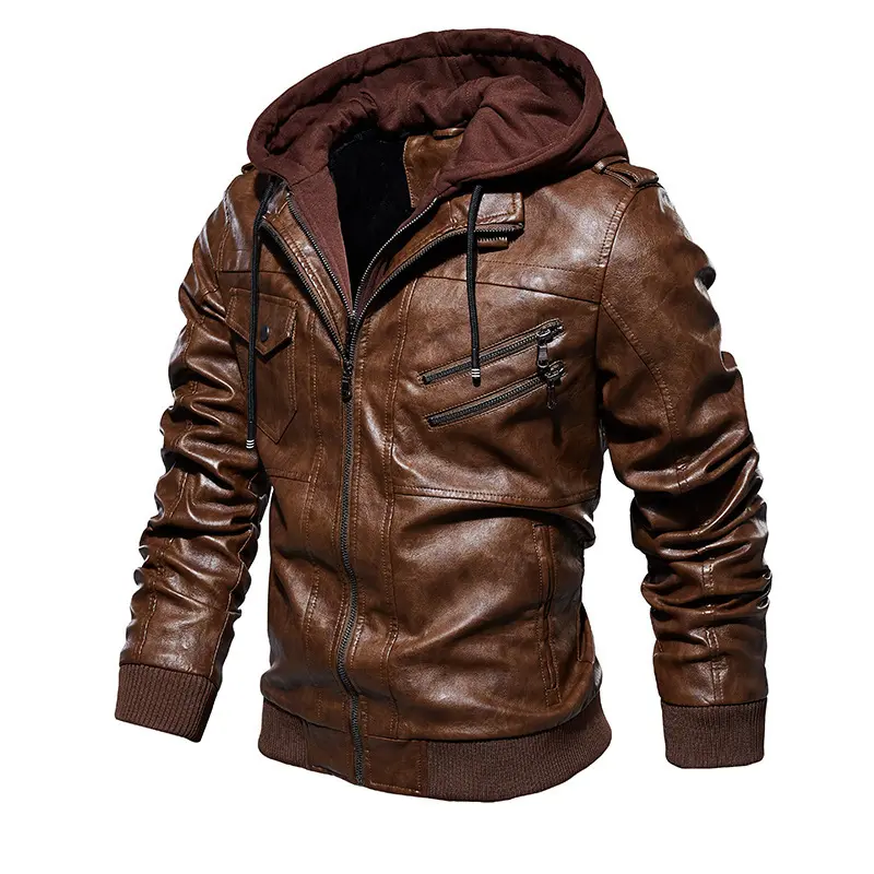 American Autumn and Winter Men's Leather Jacket Top Men's Warm Hooded Jacket, Men's Casual Trendy Jacket