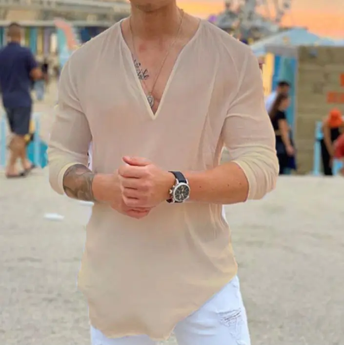 Men's Cotton and Linen V-neck Long Sleeved Shirt Breathable Casual Business Simple Solid Color T-shirt 2025 New Style