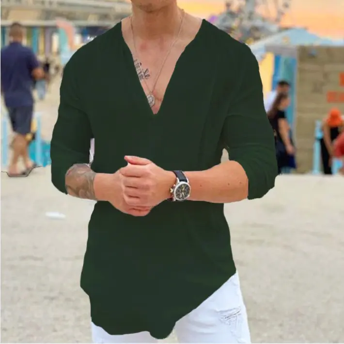 Men's Cotton and Linen V-neck Long Sleeved Shirt Breathable Casual Business Simple Solid Color T-shirt 2025 New Style