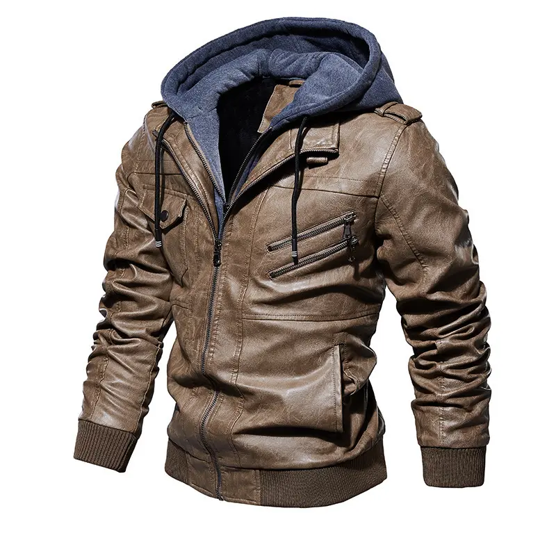 American Autumn and Winter Men's Leather Jacket Top Men's Warm Hooded Jacket, Men's Casual Trendy Jacket