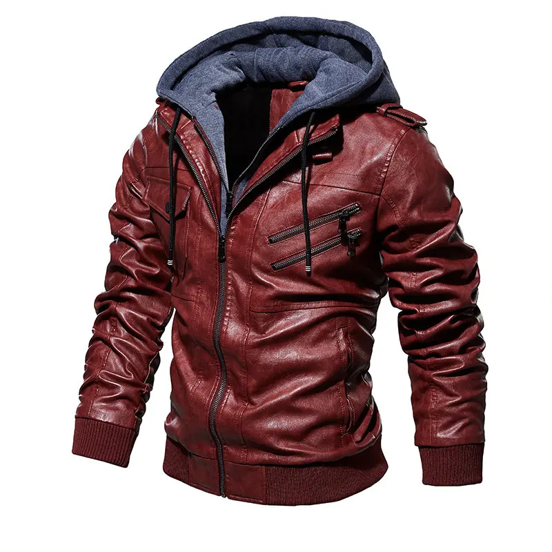 American Autumn and Winter Men's Leather Jacket Top Men's Warm Hooded Jacket, Men's Casual Trendy Jacket