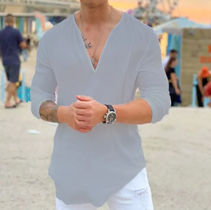 Men's Cotton and Linen V-neck Long Sleeved Shirt Breathable Casual Business Simple Solid Color T-shirt 2025 New Style