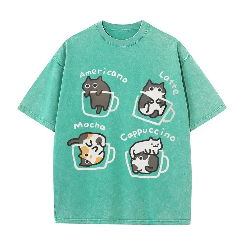 Summer Hot Print Cat Coffee Pure Cotton Loose Short Sleeved T-shirt for Men and Women Mocha Latte Cat Three Fun Cat T-shirt